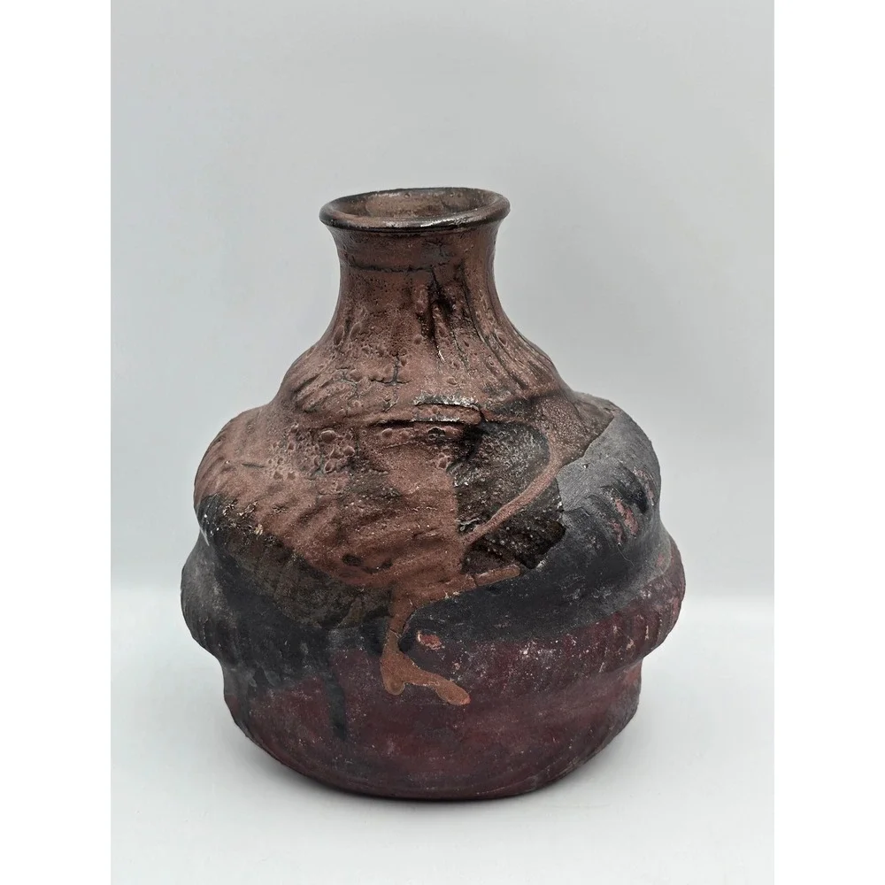 M Casper Studio Pottery Vase Art 7.5in Brown Black‎ Excellent Brutalist 1987